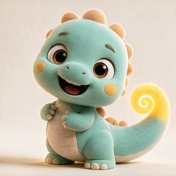 Lumo the baby dinosaur with a gold glowing tail